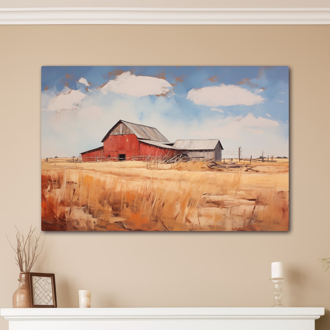 Red Barn Abstract Painting, Vintage Farmhouse Canvas Wall Art - Etsy