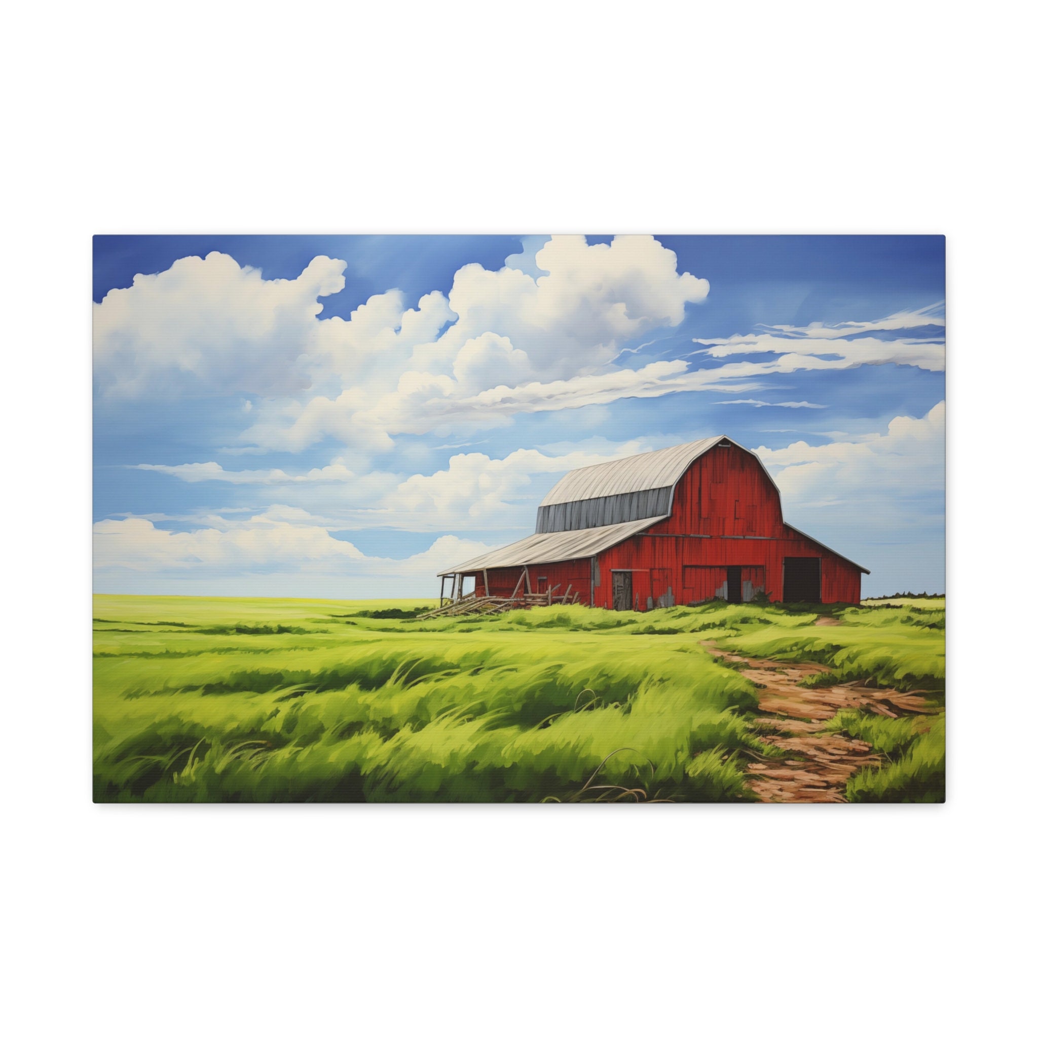 Vintage Red Barn in a Green Field, Painting of a Green Field With an ...