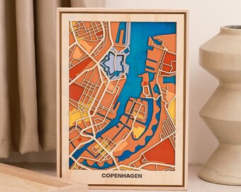 Copenhagen Wooden City Map - Modern Rustic Wall Decor - Handcrafted Wooden Map - Pop Art Inspired - Housewarming, Farewell Gift