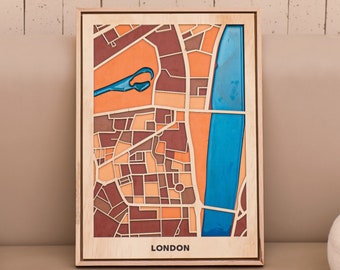 London Wooden City Map - Modern Rustic Wall Decor - Handcrafted Wooden Map - Pop Art Inspired - Housewarming, Farewell Gift