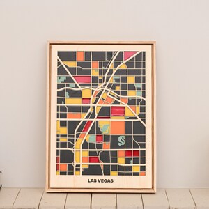 Las Vegas Stadt Karte aus Holz - Handgefertigte Landkarte aus Holz - Moderne rustikale Wanddekoration - Pop Art Inspiriert