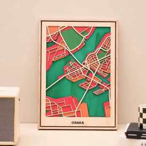 Sztuka ścienna z drewna Osaka - ręcznie robiona mapa miasta z drewna - japońska dekoracja ścienna 3D w stylu pop-art - prezent pożegnalny na parapetówkę dla niego i dla niej