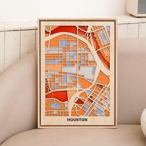 Houston Wooden City Map - Modern Rustic Wall Decor - Handcrafted Wooden Map - Pop Art Inspired - Housewarming, Farewell Gift