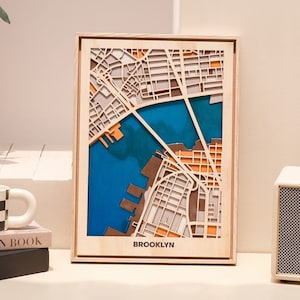 Drewniana ściana z mapą miasta Brooklyn, wyjątkowy prezent na parapetówkę, drewniana mapa świata Pop 3D, ręcznie wykonana dekoracja ścienna