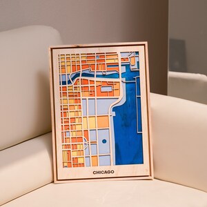 Chicago Landkarte aus Holz - Stadtplan aus Holz - Wandbehang - Wanddeko - Handgefertigte Landkarte aus Holz - Pop Art - Einweihungsparty, Abschiedsgeschenk