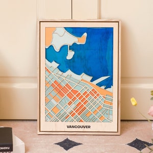 Mapa da cidade de madeira de Vancouver - Decoração de parede rústica moderna - Mapa de madeira artesanal - Inspirado na arte pop - Inauguração de casa, presente de despedida