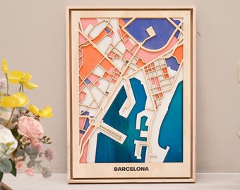 Barcelona Wooden City Map - Modern Rustic Wall Decor - Handcrafted Wooden Map - Pop Art Inspired - Housewarming, Farewell Gift