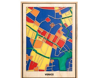 Venice Wooden City Map - Modern Rustic Wall Decor - Handcrafted Wooden Map - Pop Art Inspired - Housewarming, Farewell Gift