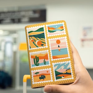 Portafoglio portapassaporto in pelle con cartolina panoramica personalizzata - Collezione Wanderlust - Mappa degli accessori da viaggio - Regalo per lui e per lei