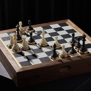 Luxury Handmade Chess Set – Walnut Leather Chess Board with Resin Brass Pieces, Personalized Chess Gift, Elegant Home Decor for Him image 2