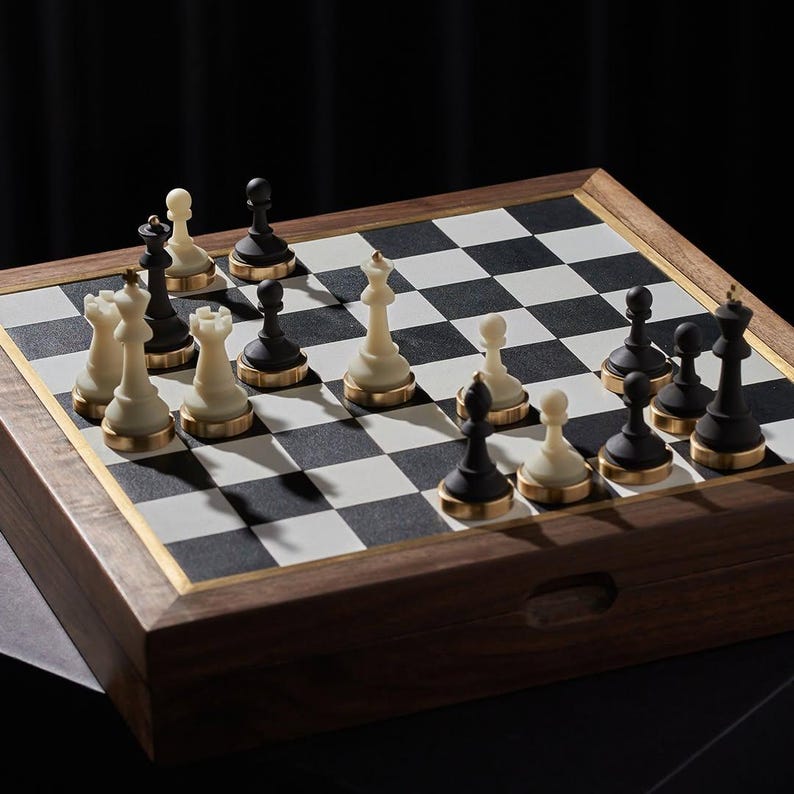 Luxury Handmade Chess Set – Walnut Leather Chess Board with Resin Brass Pieces, Personalized Chess Gift, Elegant Home Decor for Him image 2