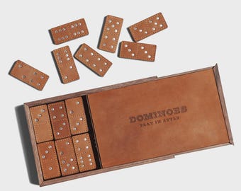 Leather Dominoes Set – Light Brown Waxy Leather  Walnut Wood Tiles, Handcrafted 28-Piece Domino Game in a Modern Gift Box | Personalized