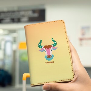Personalized Taurus Leather Passport Cover - Zodiac Horoscope Collection - Astrology Passport Holder Wallet - Travel Accessories Gift