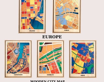 Europe Wooden City Map - Farewell, Housewarming Gift - Wall Decor - Handcrafted - Pop Art -  Helsinki, Dublin, Copenhagen, Hamburg, Venice