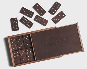 Leather Dominoes Set – Dark Brown Walnut Wood & Waxy Leather Tiles | Handcrafted 28-Piece Domino Game Set | Personalized Gift |