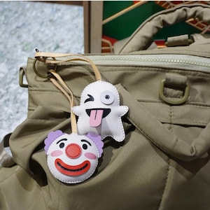 Ghost & Clown Leather Bag Charm, Trick or Treat  Emoji Icons Keychain, Handmade Purse Charm, Halloween Small Unique Gift for Him Her