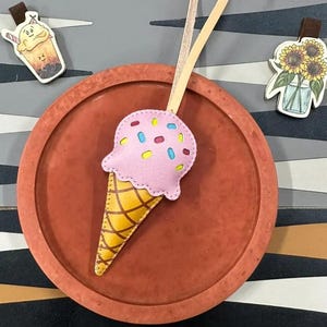 Ice Cream Leather Bag Charm, Pizza for Food Lover&#39;s Car Accessories Key Chain, Handmade Purse Charm, Small Unique Gift for Him Hers