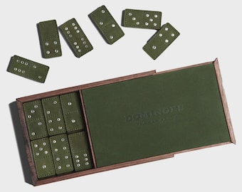Handcrafted Dominoes Set – Mess Green Waxy Leather Tiles with Walnut Wood Accents, Premium 28-Piece Game Collection in a Modern Gift Box
