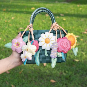 Flower Collection Purse Bag Charm, Daisy Flower Car Accessories, Floral Rose Key Chain, Sakura Handmade Leather Bag Charm, Gift For Him Her