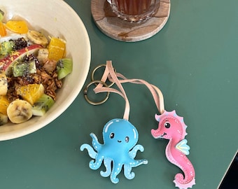 Seahorse Leather Bag Charm, Octopus Bag Decoration Key Chain,  Handmade Purse Charm, Sea Creature Anniversary Small Unique Gift for Him Her