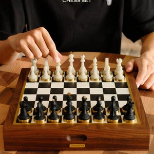 Luxury Handmade Chess Set – Walnut Leather Chess Board with Resin Brass Pieces, Personalized Chess Gift, Elegant Home Decor for Him Full set + 2 Queens