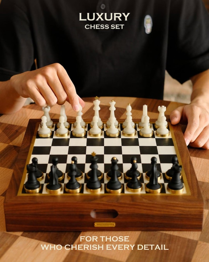 Luxury Handmade Chess Set – Walnut Leather Chess Board with Resin Brass Pieces, Personalized Chess Gift, Elegant Home Decor for Him Full set + 2 Queens