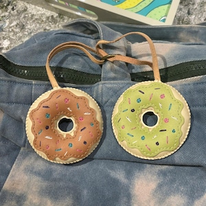 Donut Leather Bag Charm, Food Lover&#39;s Bag Decoration Key Chain, Handmade Purse Charm, Small Unique Gift for Him Hers