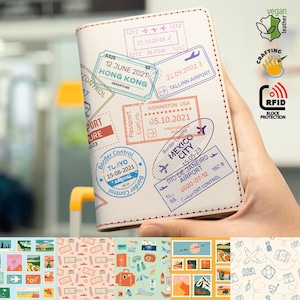 Cartera con funda de cuero para pasaporte, sellos de viaje por el mundo personalizados, visas - Colección Wanderlust - Accesorios de viaje - Regalo para él y para ella