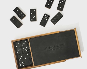 Black Leather Dominoes Set – Handcrafted Walnut & Onyx Leather Tiles | 28-Piece Premium Domino Game | Personalized Gift Box