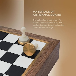 May include: A close-up of a chess set with a walnut frame, vegan PU leather surface, and copper border. The board features black and white squares. Two chess pieces are visible, one a pawn.