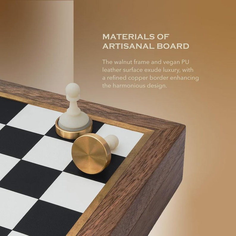May include: A close-up of a chess set with a walnut frame, vegan PU leather surface, and copper border. The board features black and white squares. Two chess pieces are visible, one a pawn.