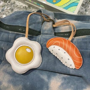 Sushi Leather Bag Charm, Egg for Food Lover&#39;s Car Accessories Key Chain, Handmade Purse Charm, Small Unique Gift Charm Keychain for Him Hers