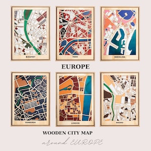 Mapa de la ciudad de madera de Europa - Despedida, Regalo de inauguración de la casa - Decoración de la pared - Hecho a mano - Budapest, París, Barcelona, Edimburgo, Londres, Marid