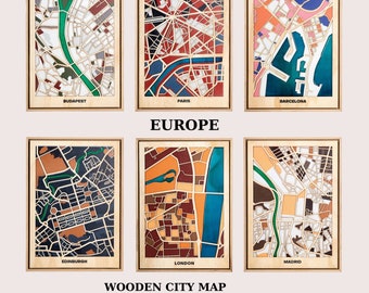 Europe Wooden City Map - Farewell, Housewarming Gift - Wall Decor - Handcrafted - Budapest, Paris, Barcelona, Edinburgh, London, Marid
