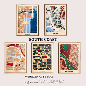 South Coast Stadtplan aus Holz - Weltkarte Wandkunst - Wanddeko - Abschiedsgeschenk - Chicago, Dallas, Houston, Las Vegas, Philadelphia