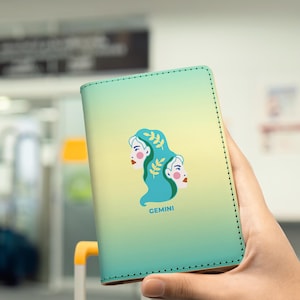Personalized Gemini Leather Passport Cover - Zodiac Horoscope Collection - Astrology Holder Wallet - Custom Travel Accessories Gift