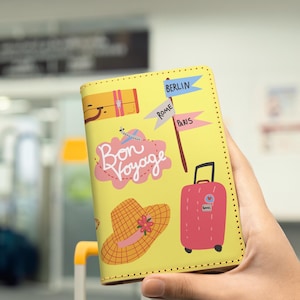 Cartera de cuero personalizada para pasaporte Bon Voyage Travel - Colección Wanderlust - Accesorios de viaje, regalo cosido a mano para él y para ella