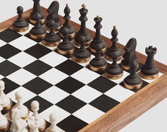 Luxury Handmade Chess Set – Walnut Leather Chess Board with Resin Brass Pieces, Personalized Chess Gift, Elegant Home Decor for Him