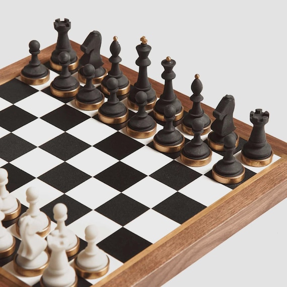 Luxury Handmade Chess Set – Walnut Leather Chess Board with Resin Brass Pieces, Personalized Chess Gift, Elegant Home Decor for Him