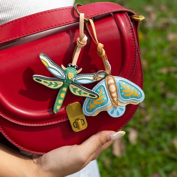INSECTS Collection Leather Bag Charm, Butterfly, Bee, Ladybug, Grasshopper Purse Charms Handmade Gift, Insects Tote/Handbag Accessories