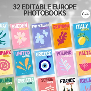 Pacchetto da 32 modelli Canva per album fotografici da viaggio / Modelli di libri fotografici stampati di lusso in Europa