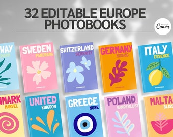 32 Canva-sjabloonbundel voor reisfotoboeken | Europa Assouline luxe gedrukte fotoboekmodellen