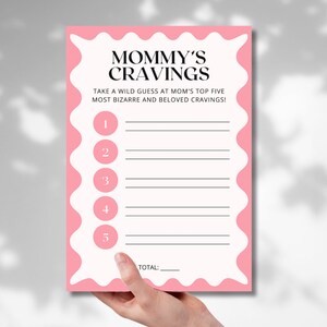 Minimal Baby Shower Party Games | Mommy&#39;s Cravings | Wavy Border | Modern| Instant Download | Template Canva | Pink or Blue |