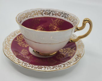 Beautiful Adderley Dark Red Golden Floral Bouquet Tea Cup and Saucer