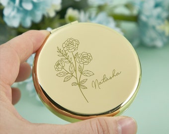 Miroir avec nom gravé, miroir pour cadeaux de mariage, miroir compact personnalisé pour fleurs de naissance, miroir de poche pour cadeau de demoiselle d'honneur, cadeau pour enseignant, cadeau de remise des diplômes.