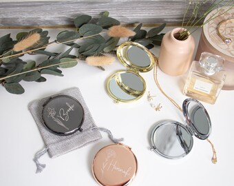 Espejo compacto personalizado / Espejo de flores del mes de nacimiento / Favor de boda nupcial / Regalo de dama de honor espejo / Espejo de bolsillo de aumento