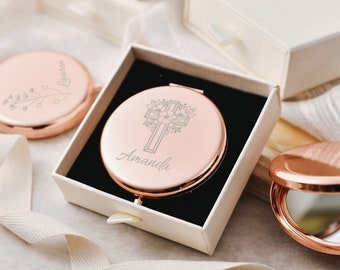 Floral Engraved Compact Mirror, Bridesmaid Gifts for Women, Personalized Laser Engraved Makeup Mirror, Pocket Bridal Party Favors
