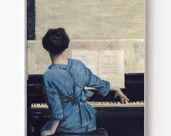 ピアノを弾く女性のヴィンテージ絵画、音楽の壁アート、ガーリーな