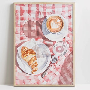 Cute Pink Breakfast Food Print, PRINTABLE Croissant Coffee Wall Art, Preppy Kitchen Decor, Girly Apartment Decor, Digital Download Poster