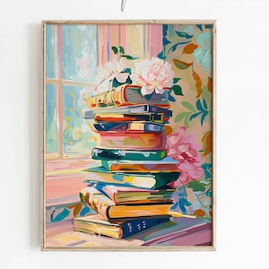 Op de afbeelding: Een stapel kleurrijke boeken met bloemmotieven staat op een vensterbank met een roze en groene bloemmotiefbehang. De boeken zijn gestapeld met het grootste boek onderaan en het kleinste boek bovenaan. De boeken zijn allemaal in verschillende kleuren en hebben verschillende ontwerpen op hun omslagen. De bloemmotieven zijn roze en wit en zijn rond de boeken gerangschikt.